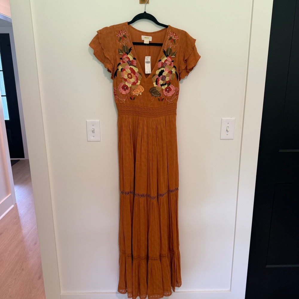 Maeve Anthropologie Rust Orange Floral Embroidered Maxi Dress Size 2 NWT Boho - Picture 2 of 5